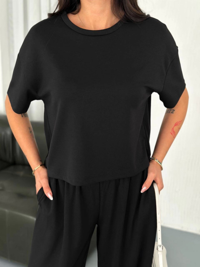 Osy Modal Yumuşak Dokulu Kumaş Bisiklet Yaka T-shirt Bol Paça Pantalon Ikili Takım -Siyah - 2