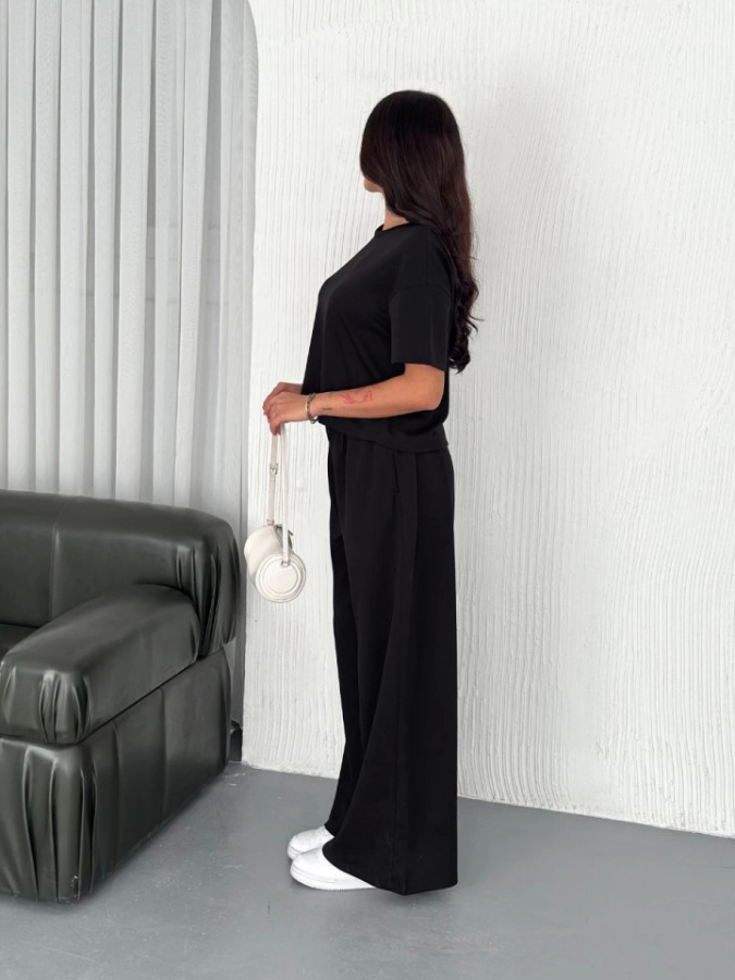 Osy Modal Yumuşak Dokulu Kumaş Bisiklet Yaka T-shirt Bol Paça Pantalon Ikili Takım -Siyah - 3