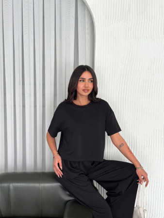 Osy Modal Yumuşak Dokulu Kumaş Bisiklet Yaka T-shirt Bol Paça Pantalon Ikili Takım -Siyah - 4