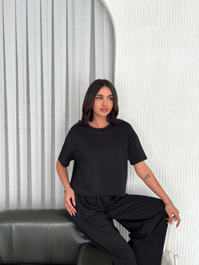 Osy Modal Yumuşak Dokulu Kumaş Bisiklet Yaka T-shirt Bol Paça Pantalon Ikili Takım -Siyah - 4