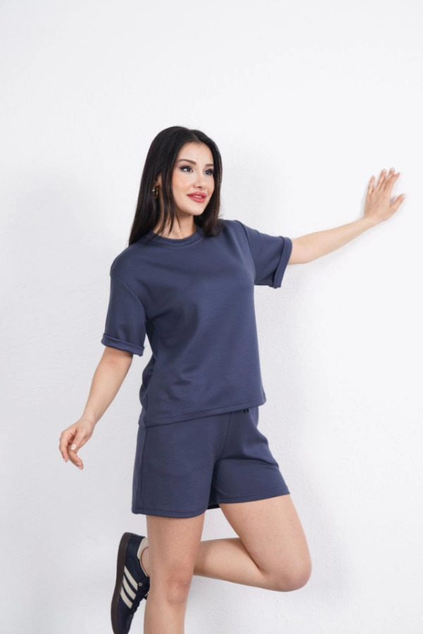 Osy Modal Yumuşak Dokulu Kumaş Bisiklet Yaka T-shirt Kısa Şort İkili Takım - Antrasit - 1