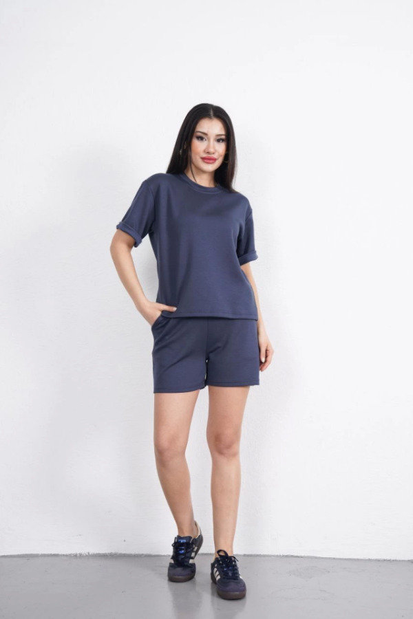 Osy Modal Yumuşak Dokulu Kumaş Bisiklet Yaka T-shirt Kısa Şort İkili Takım - Antrasit - 2