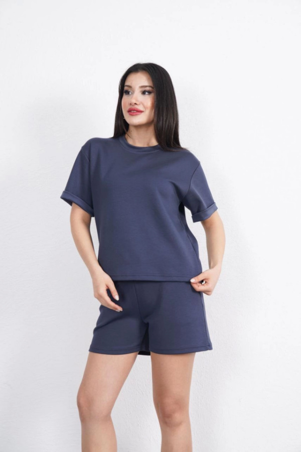 Osy Modal Yumuşak Dokulu Kumaş Bisiklet Yaka T-shirt Kısa Şort İkili Takım - Antrasit - 3
