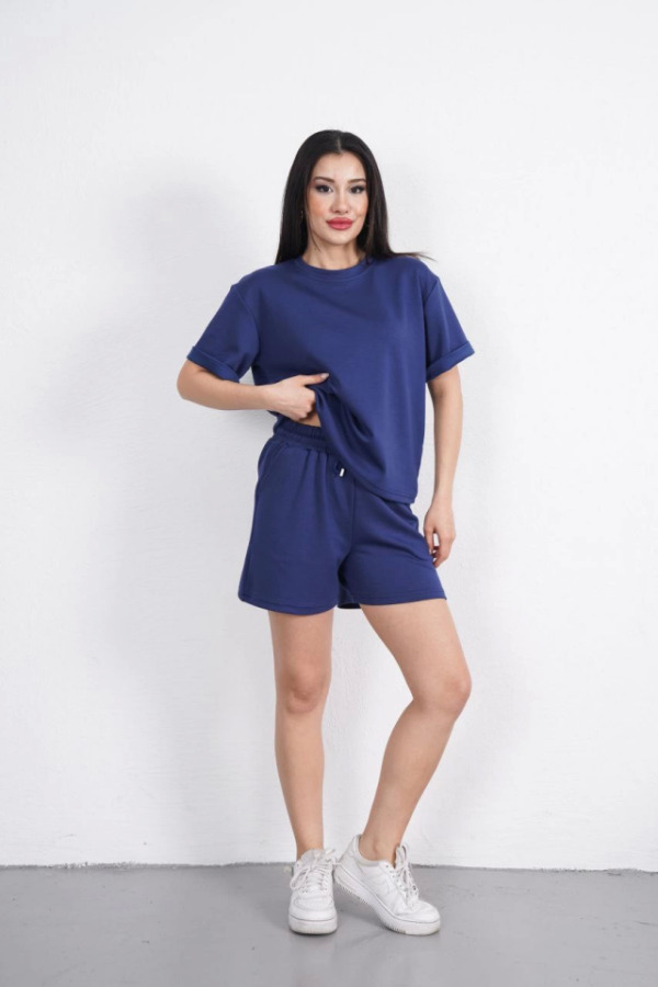 Osy Modal Yumuşak Dokulu Kumaş Bisiklet Yaka T-shirt Kısa Şort İkili Takım - Mavi - 1
