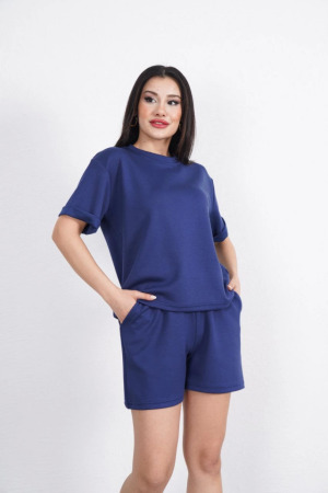 Osy Modal Yumuşak Dokulu Kumaş Bisiklet Yaka T-shirt Kısa Şort İkili Takım - Mavi - 2
