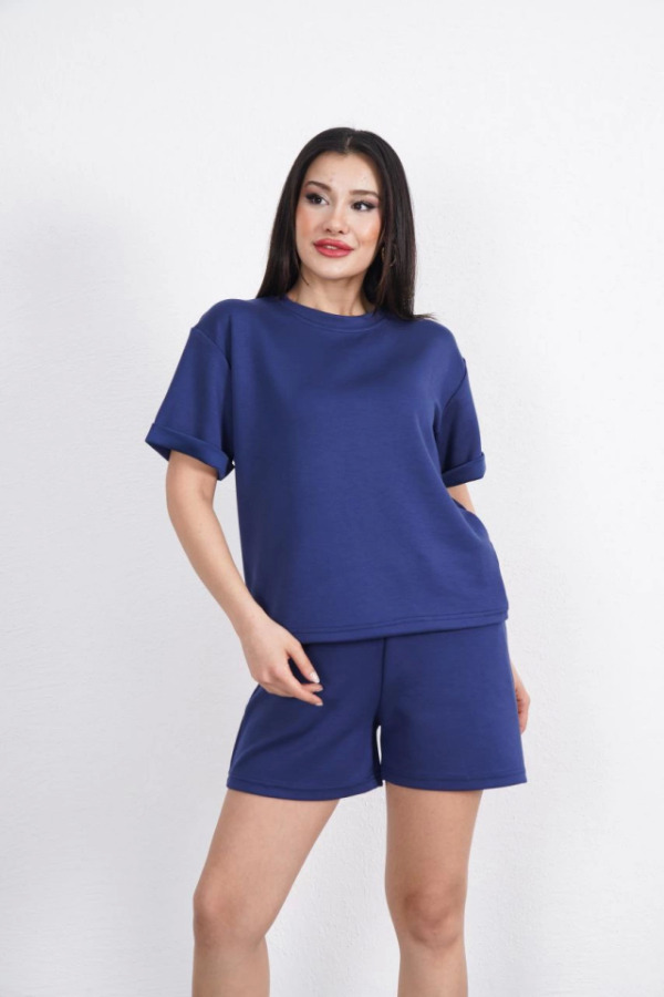 Osy Modal Yumuşak Dokulu Kumaş Bisiklet Yaka T-shirt Kısa Şort İkili Takım - Mavi - 3