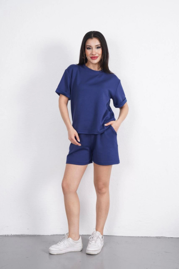 Osy Modal Yumuşak Dokulu Kumaş Bisiklet Yaka T-shirt Kısa Şort İkili Takım - Mavi - 4
