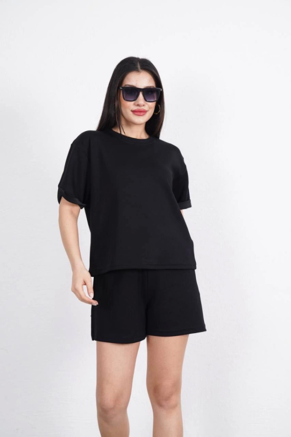 Osy Modal Yumuşak Dokulu Kumaş Bisiklet Yaka T-shirt Kısa Şort İkili Takım - Siyah - 1