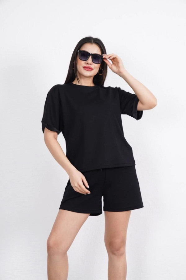 Osy Modal Yumuşak Dokulu Kumaş Bisiklet Yaka T-shirt Kısa Şort İkili Takım - Siyah - 3