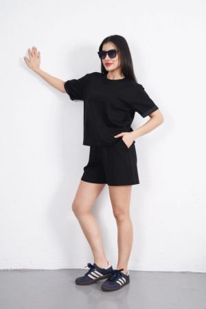 Osy Modal Yumuşak Dokulu Kumaş Bisiklet Yaka T-shirt Kısa Şort İkili Takım - Siyah - ANGELINO BuyukBedeniz (1)