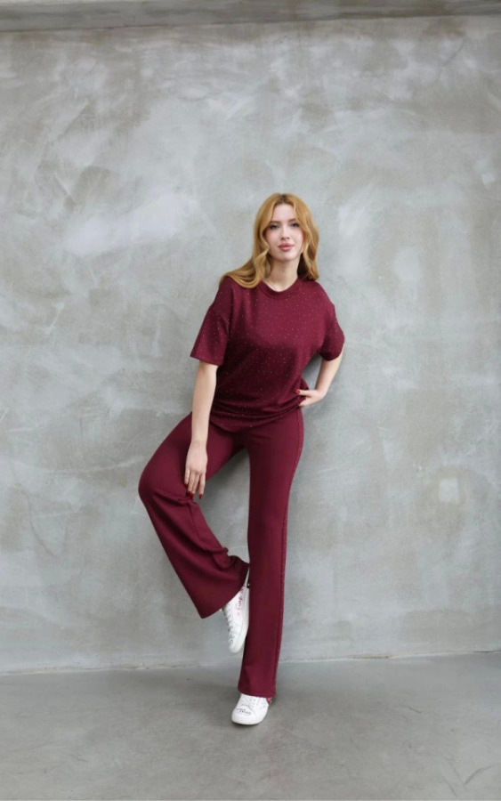Osy Modal Yumuşak Dokulu Kumaş Bisiklet Yaka Taş Detaylı Kısa Kollu Takım - Bordo - 3