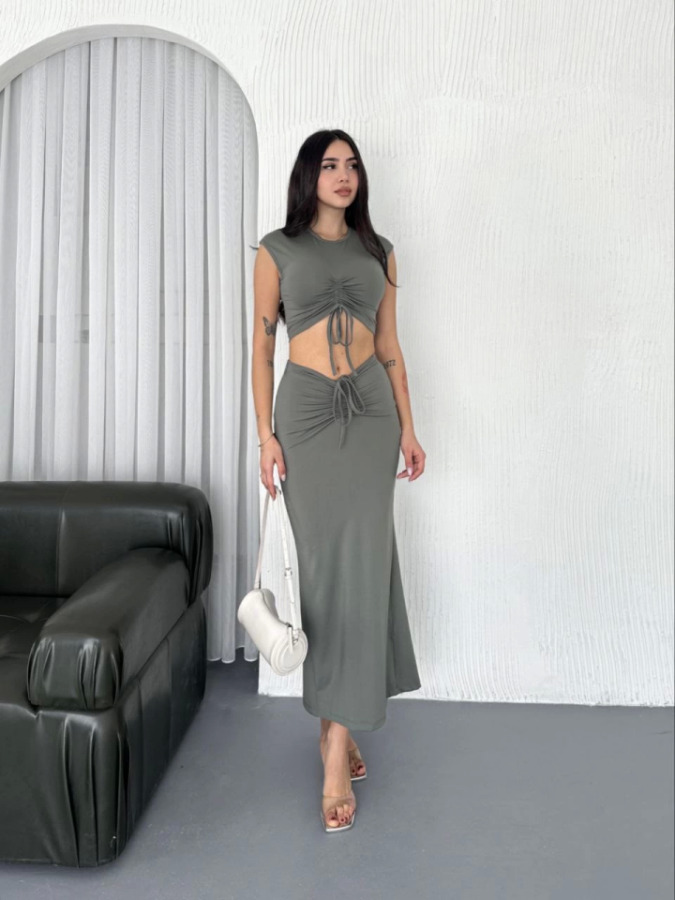 Osy Modal Yumuşak Dokulu Kumaş Büzgülü Crop Etek Takım - Mint Yeşili - 1