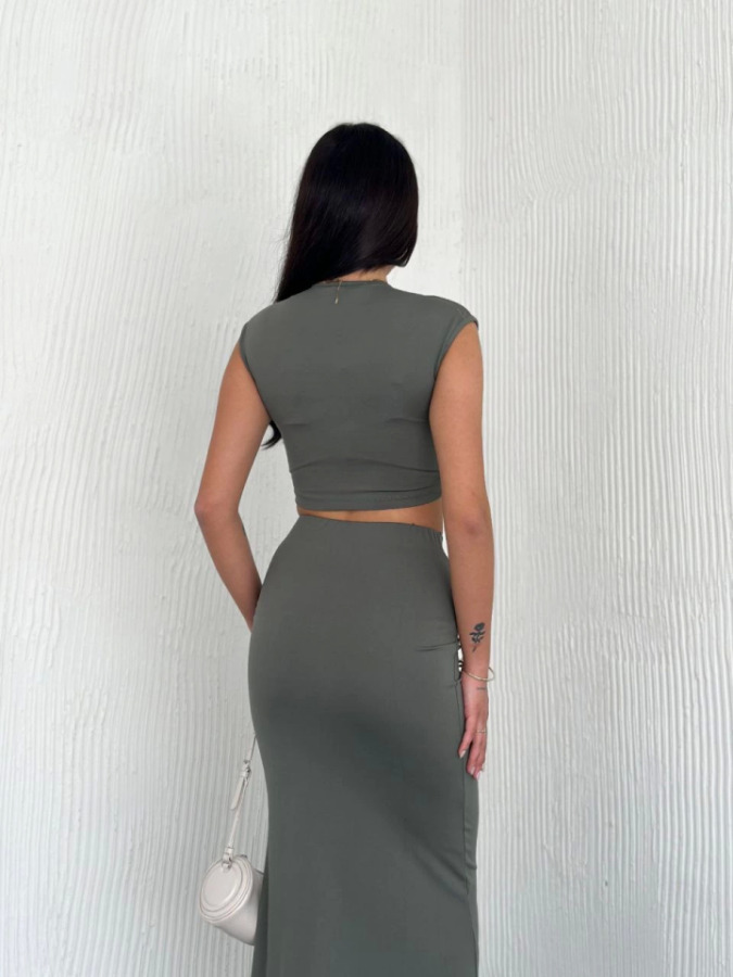 Osy Modal Yumuşak Dokulu Kumaş Büzgülü Crop Etek Takım - Mint Yeşili - 2