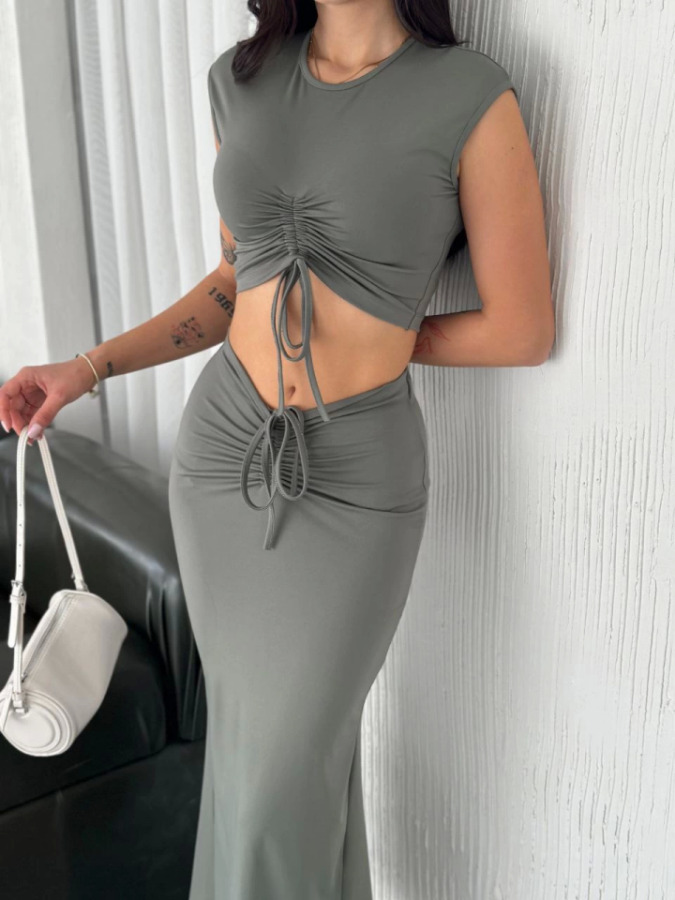 Osy Modal Yumuşak Dokulu Kumaş Büzgülü Crop Etek Takım - Mint Yeşili - 3