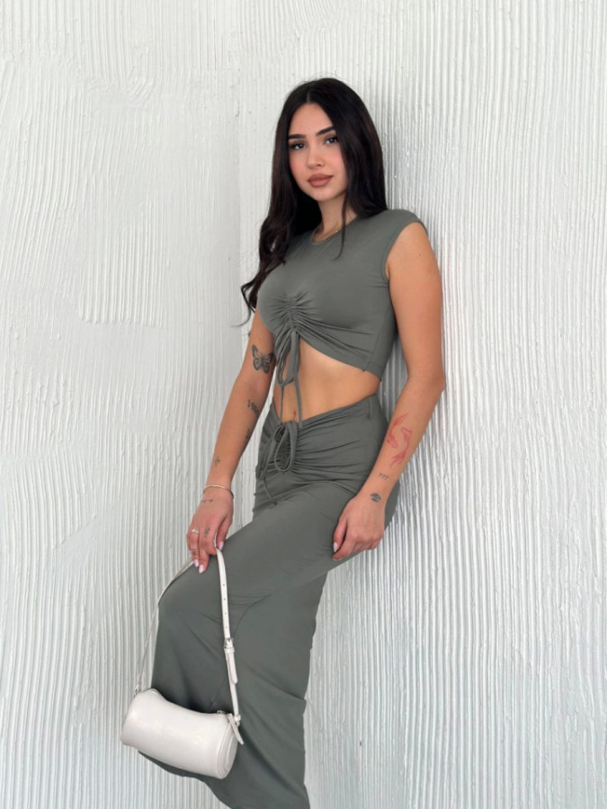 Osy Modal Yumuşak Dokulu Kumaş Büzgülü Crop Etek Takım - Mint Yeşili - 4
