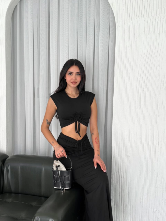 Osy Modal Yumuşak Dokulu Kumaş Büzgülü Crop Etek Takım - Siyah - 3