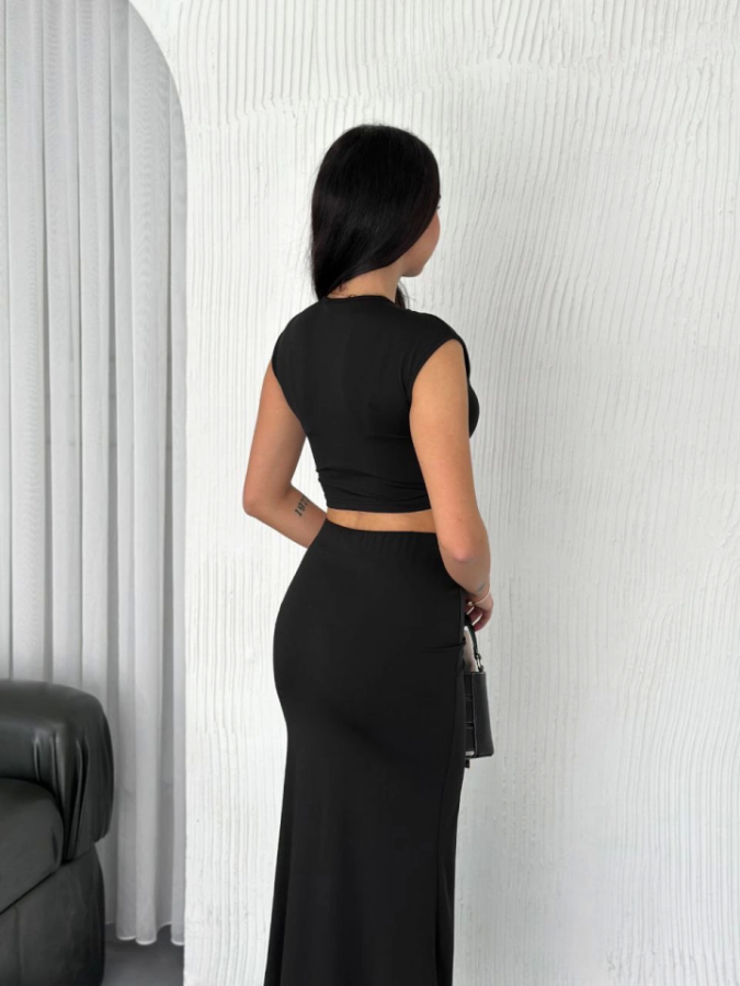 Osy Modal Yumuşak Dokulu Kumaş Büzgülü Crop Etek Takım - Siyah - 4