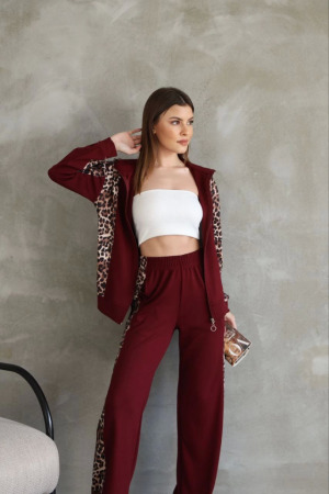 Osy Modal Yumuşak Dokulu Kumaş Kapüşonlu Leopar Desenli Fermuarlı Takım - Bordo - 1