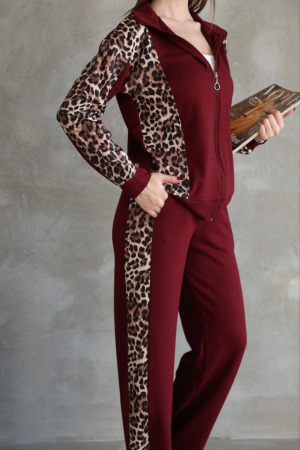 Osy Modal Yumuşak Dokulu Kumaş Kapüşonlu Leopar Desenli Fermuarlı Takım - Bordo - 3