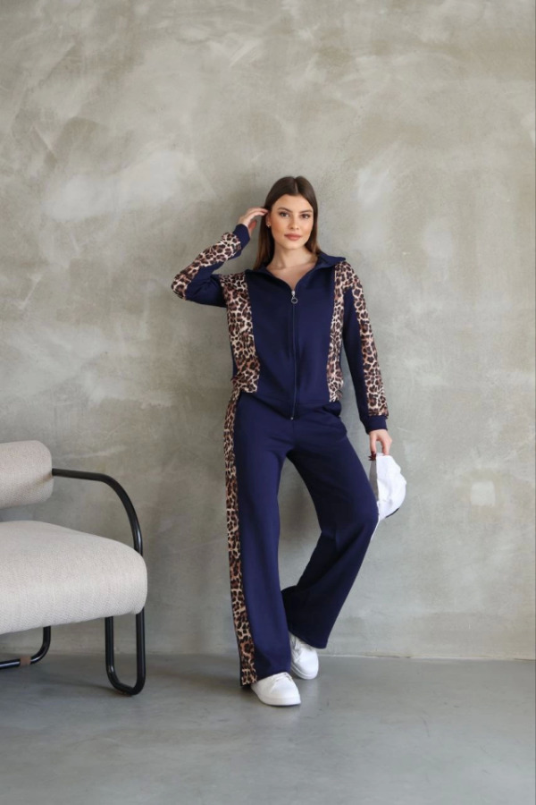 Osy Modal Yumuşak Dokulu Kumaş Kapüşonlu Leopar Desenli Fermuarlı Takım - Lacivert - 1