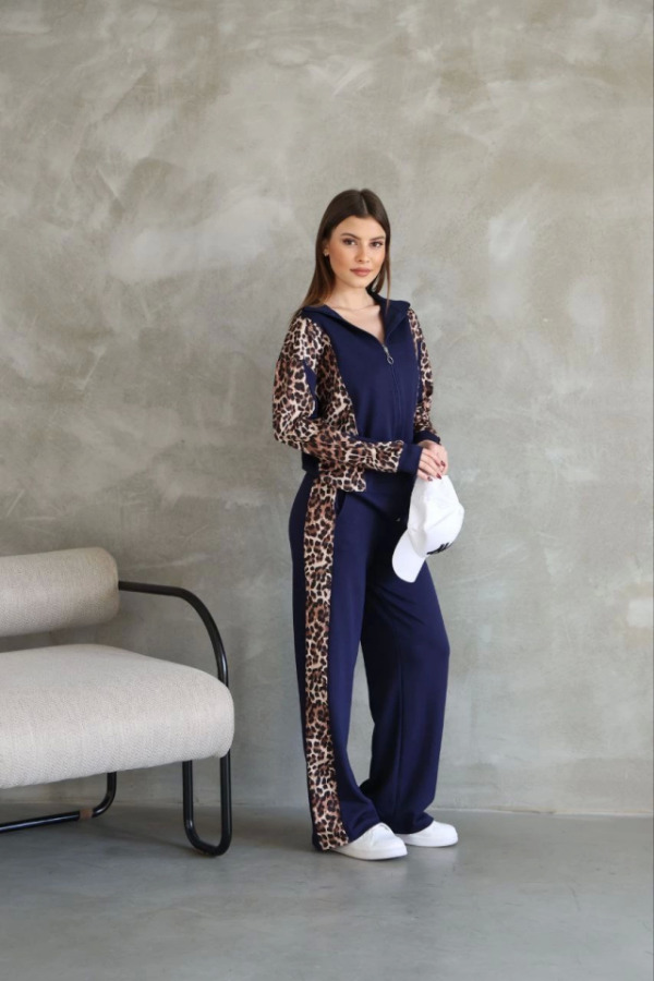 Osy Modal Yumuşak Dokulu Kumaş Kapüşonlu Leopar Desenli Fermuarlı Takım - Lacivert - 2