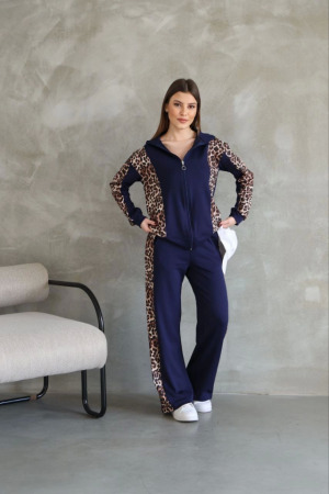 Osy Modal Yumuşak Dokulu Kumaş Kapüşonlu Leopar Desenli Fermuarlı Takım - Lacivert - 3