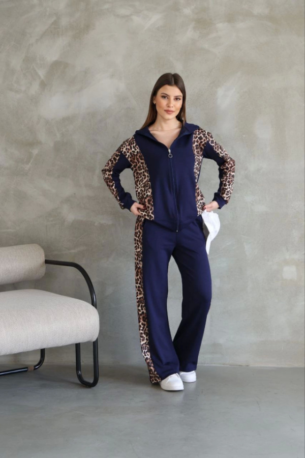 Osy Modal Yumuşak Dokulu Kumaş Kapüşonlu Leopar Desenli Fermuarlı Takım - Lacivert - 3