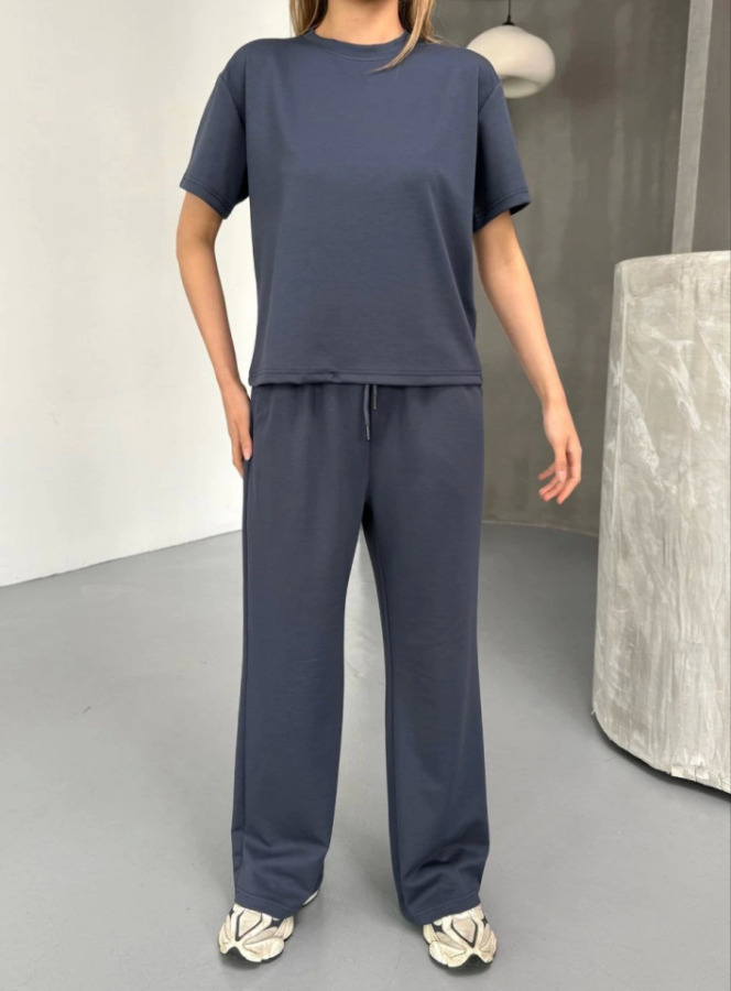 Osy Modal Yumuşak Dokulu Kumaş Kısa Kollu Bluz Rahat Pantalon Ikili Takım- Füme - 2