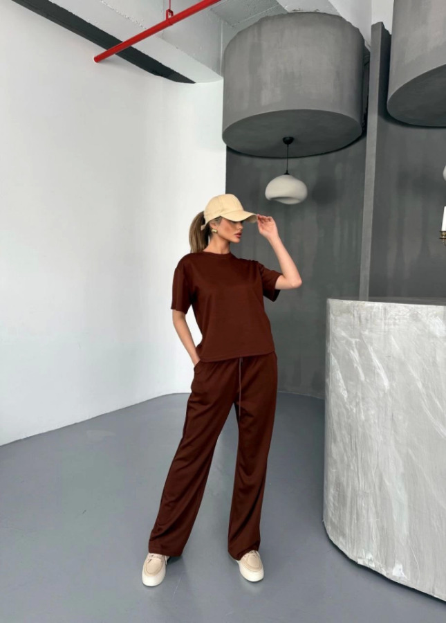 Osy Modal Yumuşak Dokulu Kumaş Kısa Kollu Bluz Rahat Pantalon Ikili Takım- Kahverengi - 4