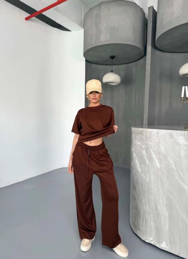 Osy Modal Yumuşak Dokulu Kumaş Kısa Kollu Bluz Rahat Pantalon Ikili Takım- Kahverengi - 3