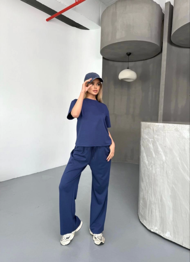 Osy Modal Yumuşak Dokulu Kumaş Kısa Kollu Bluz Rahat Pantalon Ikili Takım- Lacivert - 1