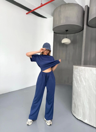 Osy Modal Yumuşak Dokulu Kumaş Kısa Kollu Bluz Rahat Pantalon Ikili Takım- Lacivert - 3