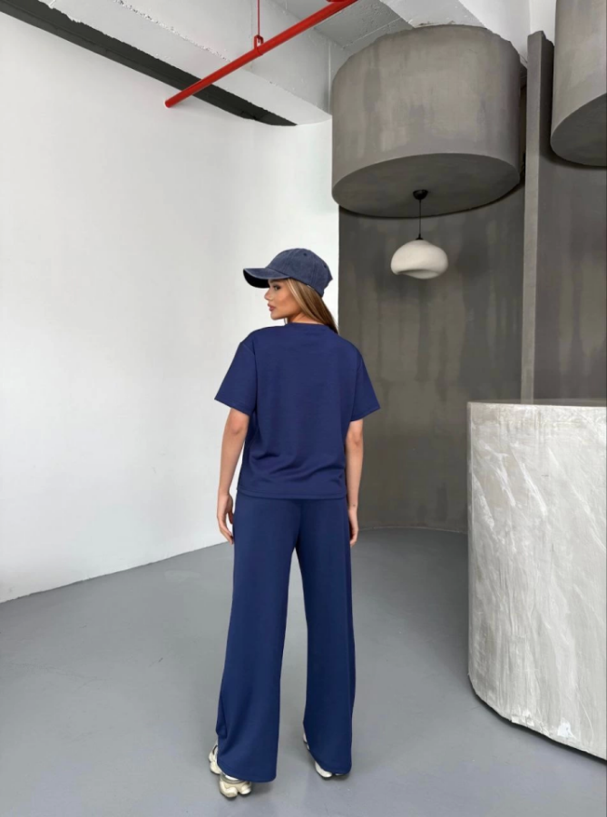 Osy Modal Yumuşak Dokulu Kumaş Kısa Kollu Bluz Rahat Pantalon Ikili Takım- Lacivert - 2