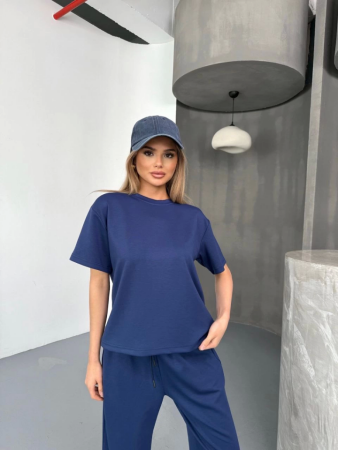 Osy Modal Yumuşak Dokulu Kumaş Kısa Kollu Bluz Rahat Pantalon Ikili Takım- Lacivert - 4