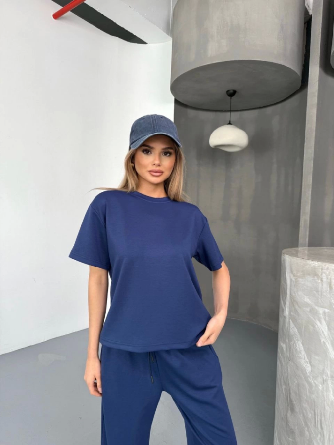 Osy Modal Yumuşak Dokulu Kumaş Kısa Kollu Bluz Rahat Pantalon Ikili Takım- Lacivert - 4