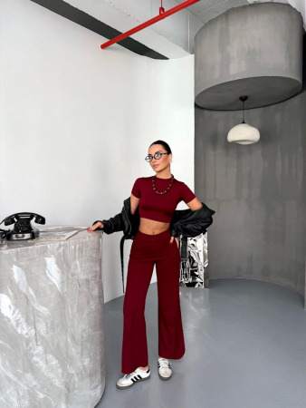 Osy Modal Yumuşak Dokulu Kumaş Kısa Kollu Crop Alt Ispanyol Paça Pantalon Ikili Takım - Bordo - 2