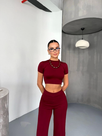 Osy Modal Yumuşak Dokulu Kumaş Kısa Kollu Crop Alt Ispanyol Paça Pantalon Ikili Takım - Bordo - 4