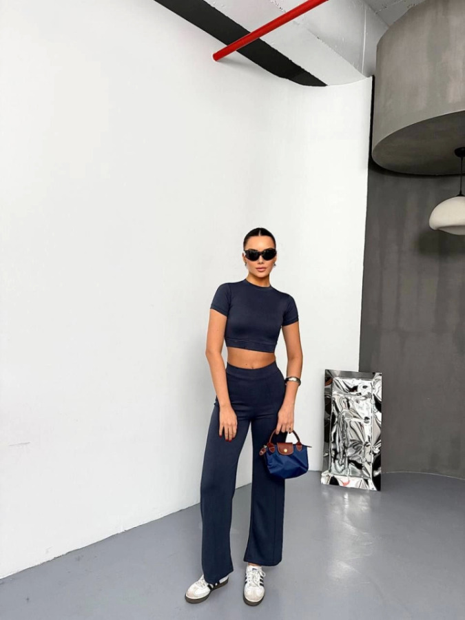 Osy Modal Yumuşak Dokulu Kumaş Kısa Kollu Crop Alt Ispanyol Paça Pantalon Ikili Takım - Füme - 1