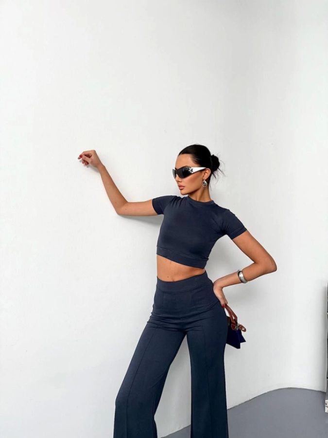 Osy Modal Yumuşak Dokulu Kumaş Kısa Kollu Crop Alt Ispanyol Paça Pantalon Ikili Takım - Füme - 2