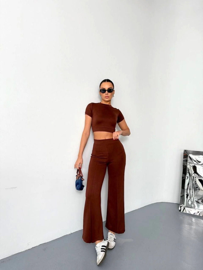 Osy Modal Yumuşak Dokulu Kumaş Kısa Kollu Crop Alt Ispanyol Paça Pantalon Ikili Takım - Kahverengi - 1