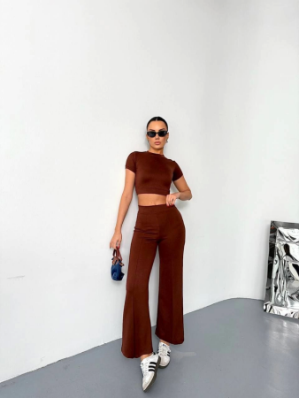 Osy Modal Yumuşak Dokulu Kumaş Kısa Kollu Crop Alt Ispanyol Paça Pantalon Ikili Takım - Kahverengi - ANGELINO BuyukBedeniz