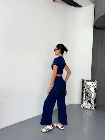 Osy Modal Yumuşak Dokulu Kumaş Kısa Kollu Crop Alt Ispanyol Paça Pantalon Ikili Takım - Lacivert - 1