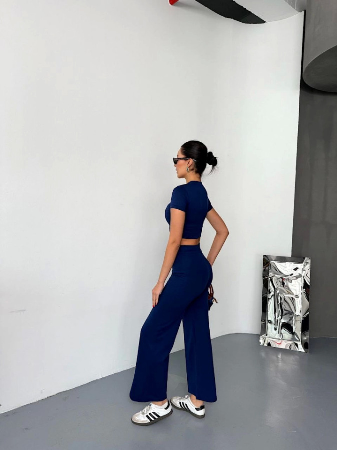 Osy Modal Yumuşak Dokulu Kumaş Kısa Kollu Crop Alt Ispanyol Paça Pantalon Ikili Takım - Lacivert - 1