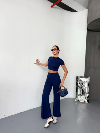 Osy Modal Yumuşak Dokulu Kumaş Kısa Kollu Crop Alt Ispanyol Paça Pantalon Ikili Takım - Lacivert - 2