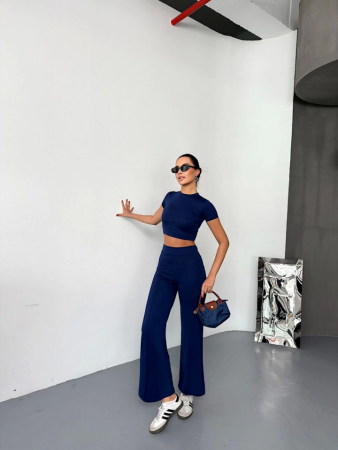 Osy Modal Yumuşak Dokulu Kumaş Kısa Kollu Crop Alt Ispanyol Paça Pantalon Ikili Takım - Lacivert - ANGELINO BuyukBedeniz (1)