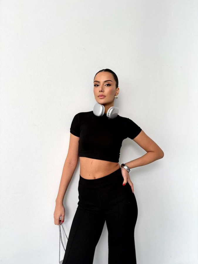 Osy Modal Yumuşak Dokulu Kumaş Kısa Kollu Crop Alt Ispanyol Paça Pantalon Ikili Takım - Siyah - 2