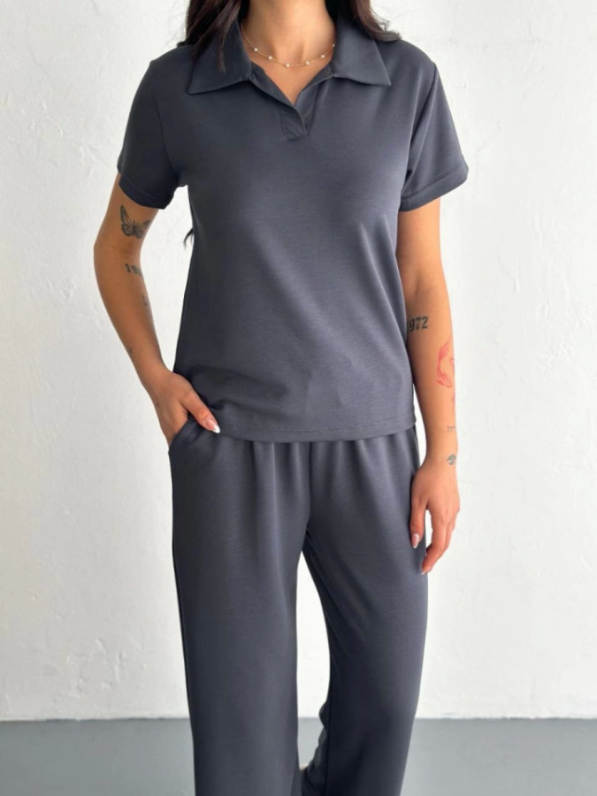 Osy Modal Yumuşak Dokulu Kumaş Kısa Kollu Yakalı T-shirt Pantalon Ikili Takım- Antrasit - 4