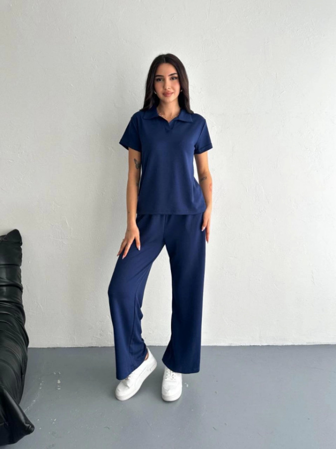 Osy Modal Yumuşak Dokulu Kumaş Kısa Kollu Yakalı T-shirt Pantalon Ikili Takım- Lacivert - 3
