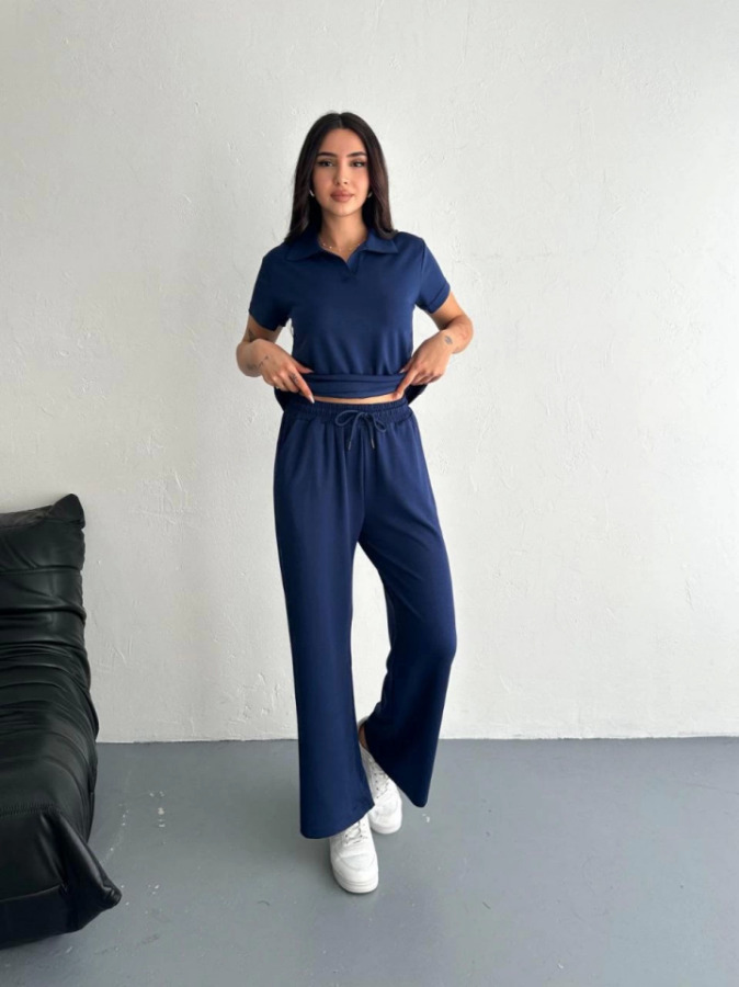 Osy Modal Yumuşak Dokulu Kumaş Kısa Kollu Yakalı T-shirt Pantalon Ikili Takım- Lacivert - 4