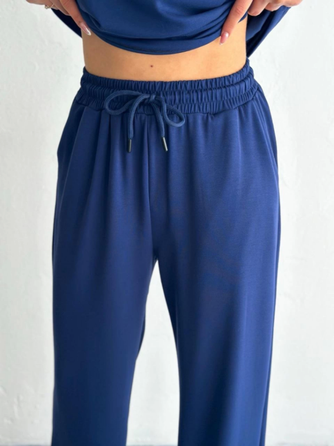 Osy Modal Yumuşak Dokulu Kumaş Kısa Kollu Yakalı T-shirt Pantalon Ikili Takım- Lacivert - 2